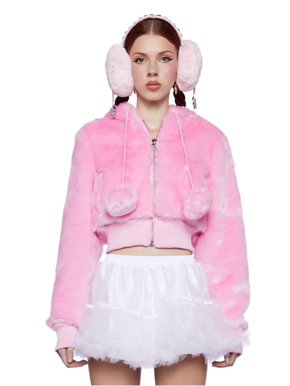 Sugar Thrillz Pink Faux Fur Cropped Jacket with Pom Pom Ties